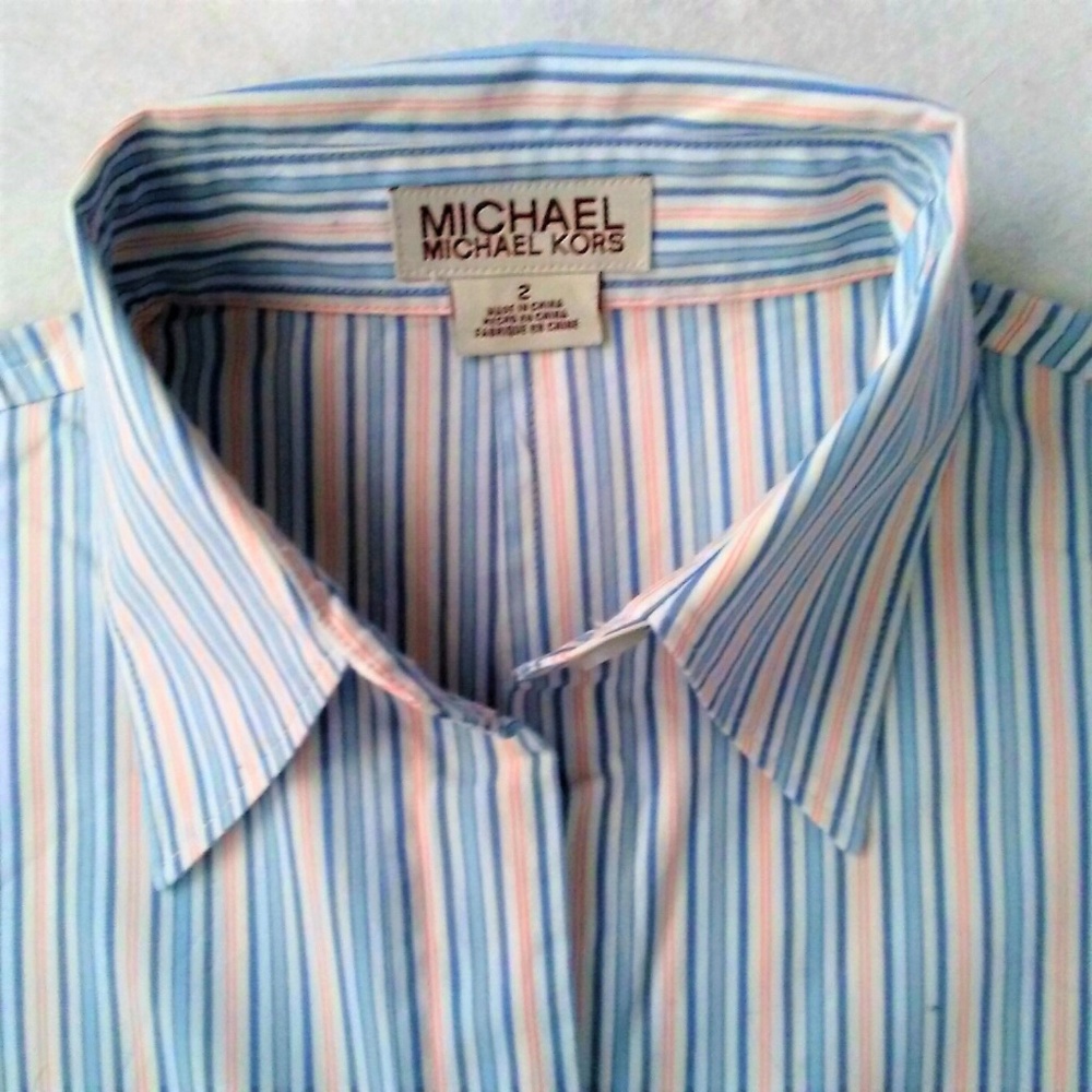 MICHAEL KORS pink blue white stripe blouse size 2